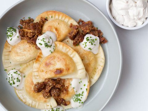 Savory Pierogi with Walnut Meat and Topped with Walnut Sour Cream