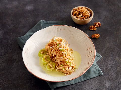 Walnut Noodles with Leek Mousse & Goat Cheese